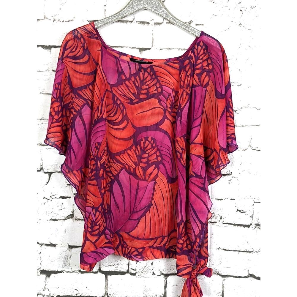 ASHLEY STEWART Vibrant Botanical Print Flutter Sleeve Top Boho Cottage 18/20